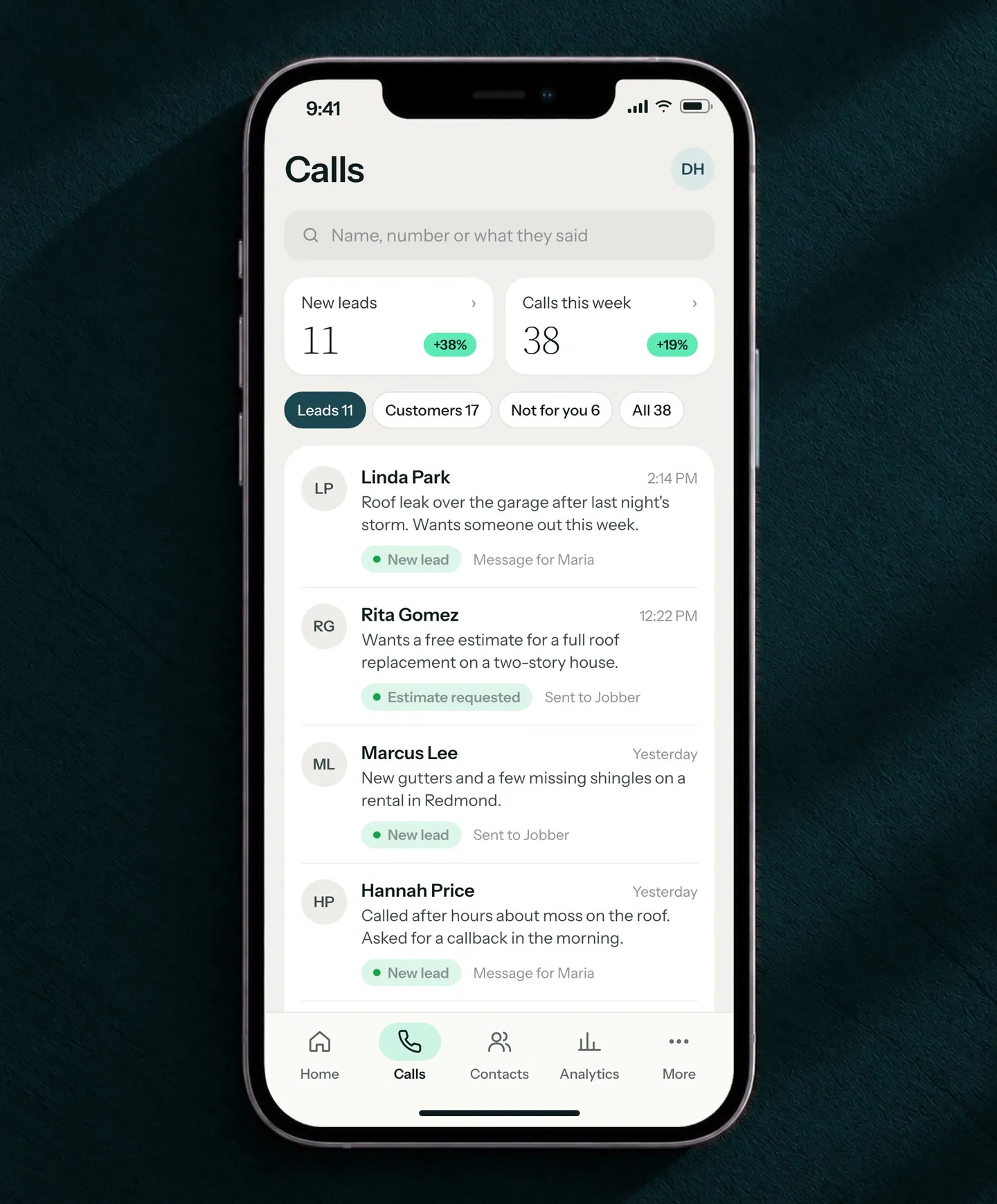 Pongg app on a phone showing the Calls list with new leads, call counts and recent calls