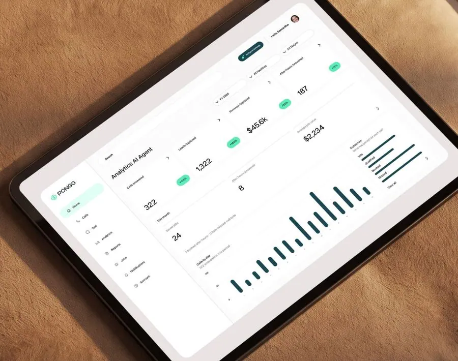 Pongg dashboard on a tablet showing call volume and booked revenue